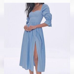 FOREVER 21 BLUE OFF THE SHOULDER HALF SLEEVE MIDI DRESS SWEETHEART NECKLINE